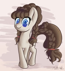 Size: 2086x2264 | Tagged: safe, artist:michinix, oc, oc only, oc:connie bloom, earth pony, pony, blue eyes, brown hair, convention, curly hair, cute, ebc, ebc 2020, euro bronycon, eurobronycon, eurobronycon 2020, female, high res, looking at you, mare, mascot, simple background, smiling, solo, standing