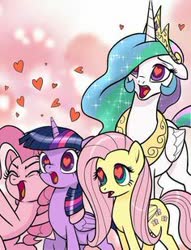Size: 236x309 | Tagged: safe, artist:pencils, edit, fluttershy, pinkie pie, princess celestia, twilight sparkle, alicorn, earth pony, pegasus, pony, g4, crown, cute, eyes closed, female, floppy ears, folded wings, heart, heart eyes, jewelry, lidded eyes, looking at someone, looking at something, open mouth, regalia, shyabetes, twilight sparkle (alicorn), wingding eyes, wings