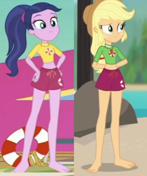 Size: 1860x2222 | Tagged: safe, applejack, baewatch, equestria girls, g4, i'm on a yacht, my little pony equestria girls: better together, turf war, barefoot, beach, belly button, clothes, comparison, feet, female, geode of super strength, legs, lifeguard, lifeguard applejack, magical geodes, midriff, ponytail