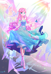 Size: 3541x5177 | Tagged: safe, artist:bronyazaych, fluttershy, butterfly, human, equestria girls, g4, my little pony equestria girls: better together, absurd resolution, clothes, colored pupils, cute, dress, female, flutterfly, geode of fauna, heart, human coloration, humanized, magical geodes, sandals, shyabetes, solo