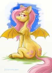 Size: 1414x2000 | Tagged: safe, artist:capt_hairball, fluttershy, bat pony, pegasus, pony, g4, bat ponified, butt, cutie mark, eye clipping through hair, fangs, female, flutterbat, grass, looking at you, looking back, looking back at you, looking over shoulder, mare, night, plot, race swap, simple background, smiling, smirk, solo, tail