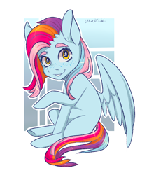 Size: 1700x2000 | Tagged: source needed, safe, oc, oc:dolly, pegasus, pony, freckles, looking at you, raised hoof, simple background