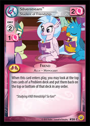 Size: 299x420 | Tagged: safe, gallus, sandbar, silverstream, classical hippogriff, earth pony, griffon, hippogriff, pony, g4, book, card, ccg, enterplay, eyes closed, female, grin, looking at something, male, merchandise, pencil, smiling, teenager, trading card