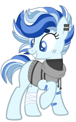 Size: 1165x1885 | Tagged: safe, artist:pegasski, artist:rukemon, oc, oc only, oc:north point, earth pony, pony, g4, bandage, bandaid, bandaid on nose, base used, blank flank, clothes, commission, ear piercing, earring, female, grin, hoodie, jewelry, magical gay spawn, mare, multicolored hair, offspring, parent:double diamond, parent:party favor, parents:partydiamond, piercing, raised hoof, scratches, simple background, sleeveless sweater, smiling, solo, sweater, transparent background