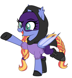 Size: 2489x2705 | Tagged: safe, artist:mint-light, artist:rukemon, oc, oc only, oc:nite-wing, bat pony, pony, icey-verse, base used, bat pony oc, bat wings, boots, cape, clothes, commission, female, gloves, high res, hoodie, magical lesbian spawn, mare, mask, offspring, open mouth, pants, parent:oc:barbat gordon, parent:oc:kara krypta, parents:karabat, parents:oc x oc, ponytail, raised hoof, raised leg, shirt, shoes, simple background, smiling, solo, t-shirt, transparent background, wings