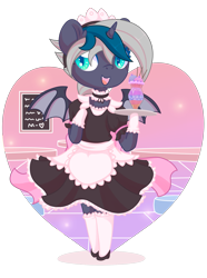 Size: 1369x1839 | Tagged: safe, artist:wavecipher, oc, oc only, oc:elizabat stormfeather, alicorn, bat pony, bat pony alicorn, pony, alicorn oc, bat pony oc, bat wings, choker, clothes, cute, dress, female, flats, food, glass, gloves, heart, horn, ice cream, maid, maid headdress, mare, ocbetes, open mouth, shoes, simple background, skirt, socks, solo, stockings, thigh highs, transparent background, tray, wings, ych result