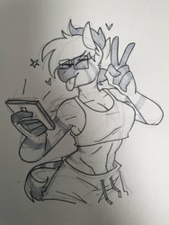 Size: 1536x2048 | Tagged: safe, artist:redxbacon, oc, oc only, oc:zeyna, zebra, anthro, clothes, female, glasses, midriff, peace sign, phone, shorts, solo, sports bra, sports shorts, tongue out, traditional art