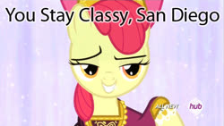 Size: 480x270 | Tagged: safe, edit, edited screencap, screencap, apple bloom, earth pony, pony, for whom the sweetie belle toils, g4, anchorman, clothes, dress, female, hub logo, lidded eyes, ron burgundy, san diego, smiling, solo