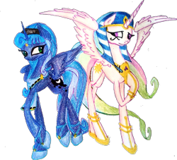 Size: 632x573 | Tagged: safe, artist:mysteriousshine, princess celestia, princess luna, alicorn, pony, g4, idw, reflections, spoiler:comic, alternate hairstyle, artemis luna, duo, egyptian, egyptian pony, female, hoof shoes, makeup, mare, mirror universe, peytral, ra celestia, raised hoof, siblings, simple background, spread wings, traditional art, transparent background, wings