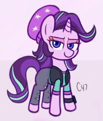 Size: 800x939 | Tagged: safe, artist:handgunboi, starlight glimmer, pony, unicorn, equestria girls, equestria girls specials, g4, my little pony equestria girls: mirror magic, beanie hat, clothes, equestria girls outfit, female, mare, pink background, simple background, solo, watch