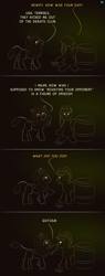 Size: 900x2360 | Tagged: safe, artist:quint-t-w, applejack, autumn blaze, earth pony, kirin, pony, g4, applejack's hat, barrel, boop, comic, cowboy hat, dialogue, fangs, freckles, gradient background, hammer, hat, looking at each other, looking at you, minimalist, modern art, pun, pun in description, shocked, squatting, unamused