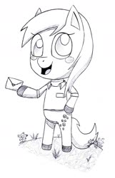 Size: 1203x1865 | Tagged: safe, artist:shinycyan, derpy hooves, pegasus, anthro, g4, animal crossing, blushing, cute, cutie mark, delivery pony, female, letter, monochrome, solo