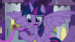 Size: 1920x1080 | Tagged: safe, screencap, twilight sparkle, alicorn, pony, g4, the summer sun setback, canterlot, castle, confused, female, flying, looking at someone, looking at something, night, open mouth, raised hoof, solo, spread wings, twilight sparkle (alicorn), wings