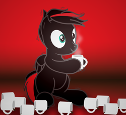 Size: 3600x3300 | Tagged: safe, artist:agkandphotomaker2000, oc, oc:arnold the pony, pegasus, pony, caffeine, caffeine overload, coffee, coffee mug, high res, mug, red and black mane, red and black oc, shaking, simple background, the face of hyperactivity