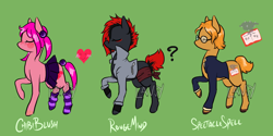 Size: 1600x800 | Tagged: safe, artist:lavvythejackalope, oc, oc only, earth pony, pony, book, clothes, earth pony oc, eyes closed, female, glasses, heart, male, mare, partial nudity, question mark, raised hoof, skirt, socks, stallion, striped socks, topless