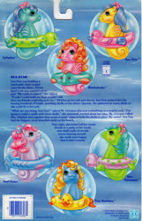 Size: 716x1112 | Tagged: safe, photographer:breyer600, backstroke, sea shimmer, sea star, splasher, surf rider, tiny bubbles, bird, duck, fish, sea pony, turtle, g1, official, adorastroke, baby sea ponies, backcard, barcode, blushing, bubble, cute, cutie shimmer, female, filly, hair ribbon, inner tube, ribbon, sea stawwr, smiling, splasherbetes, story, surfabetes, tinydorable, underwater