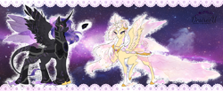 Size: 2900x1200 | Tagged: safe, artist:kk_furryworks, oc, oc only, alicorn, pony, alicorn oc, armor, braid, clothes, dress, duo, ethereal mane, ethereal wings, female, hoof fluff, horn, male, mare, raised hoof, stallion, starry mane, wings