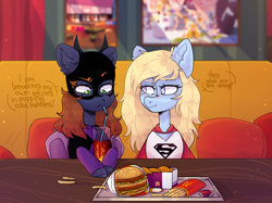 Size: 3860x2882 | Tagged: safe, artist:biskvit, oc, oc only, oc:barbat gordon, oc:kara krypta, bat pony, earth pony, pony, bat pony oc, bat wings, big mac (burger), burger, cape, chicken meat, chicken nugget, chips, clothes, coke, drinking, ear fluff, female, food, french fries, glass, hamburger, high res, jacket, ketchup, leather jacket, mare, mask, mcdonald's, meat, sauce, shirt, soda, straw, t-shirt, tray, wings, ych result