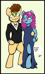 Size: 1228x2004 | Tagged: safe, artist:lucas_gaxiola, oc, oc:charmed clover, earth pony, semi-anthro, arm hooves, bottomless, clothes, dress, earth pony oc, female, male, necktie, oc x oc, partial nudity, shipping, side hug, side slit, signature, straight, suit, watch
