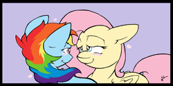 Size: 2920x1464 | Tagged: safe, artist:lucas_gaxiola, fluttershy, rainbow dash, pegasus, pony, g4, female, lesbian, looking at each other, mare, ship:flutterdash, shipping, signature, smiling
