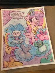 Size: 600x804 | Tagged: safe, artist:marybellamy, angel bunny, princess cadance, alicorn, pony, rabbit, g4, animal, clothes, dress, duo, female, glowing horn, hat, horn, magic, male, mare, smiling, telekinesis, this will end in pain, traditional art, watercolor painting