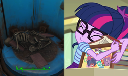 Size: 1000x600 | Tagged: safe, edit, screencap, sci-twi, twilight sparkle, equestria girls, g4, my little pony equestria girls: better together, the last day of school, adorkable, bone, book, bookhorse, cropped, cute, dark comedy, dork, eyes closed, fallout, fallout 4, female, glasses, hug, skeleton, that pony sure does love books, twiabetes, wavy mouth, x{