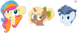 Size: 2114x906 | Tagged: safe, artist:rainbow eevee, oc, oc only, oc:copper chip, oc:golden gates, oc:silver span, pegasus, pony, unicorn, babscon, blue eyes, bow, bust, cute, eyelashes, female, filly, freckles, glasses, green eyes, grin, head, looking at you, male, mascot, ocbetes, open mouth, ponytail, simple background, smiling, transparent background, vector