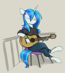 Size: 800x900 | Tagged: safe, artist:sinrar, dj pon-3, vinyl scratch, unicorn, anthro, unguligrade anthro, g4, acoustic guitar, crossed legs, ear piercing, eyes closed, female, guitar, musical instrument, piercing, simple background, solo, tan background