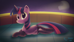 Size: 3840x2160 | Tagged: safe, artist:cosmikvek, twilight sparkle, alicorn, pony, g4, belly button, clothes, female, galactic socks, high res, looking at you, mare, moon, night, socks, solo, thigh highs, twilight sparkle (alicorn), twilight's castle