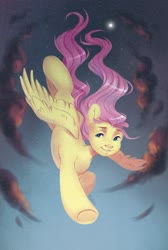 Size: 1280x1909 | Tagged: safe, artist:hollybright, fluttershy, pony, cloud, diving, dusk, female, flying, moon, signature, sky, smiling, solo, spread wings, stars, windswept mane, wings