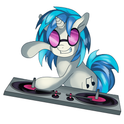 Size: 3600x3600 | Tagged: safe, artist:kenisu-of-dragons, dj pon-3, vinyl scratch, pony, unicorn, g4, bipedal, female, grin, high res, mare, simple background, smiling, solo, sunglasses, transparent background, turntable