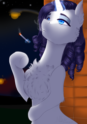 Size: 2893x4092 | Tagged: safe, artist:milianova, rarity, pony, unicorn, g4, bipedal, bipedal leaning, chest fluff, cigarette, female, glowing horn, horn, leaning, magic, mare, night, signature, smoking, solo, telekinesis