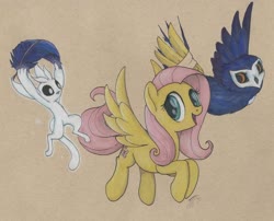 Size: 2568x2077 | Tagged: safe, artist:brisineo, fluttershy, bird, owl, pegasus, pony, g4, bandage, bandaged wing, brown background, high res, ku, ori, ori and the will of the wisps, signature, simple background, traditional art, wings