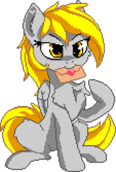 Size: 1130x1670 | Tagged: safe, artist:anti1mozg, editor:cocoa bittersweet, derpy hooves, pegasus, pony, g4, cheek fluff, chest fluff, ear fluff, envelope, female, heart, holding, leg fluff, letter, love letter, manepxls, mare, mouth hold, pixel art, pxls.space, simple background, sitting, smiling, solo, transparent background