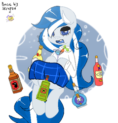 Size: 400x418 | Tagged: safe, artist:moonglow-w, oc, oc only, oc:balmoral, pony, unicorn, alcohol, beer, booze, bottle, carrot, clothes, drunk, eyeshadow, female, food, hoof hold, kilt, makeup, mare, martini, martini glass, open mouth, running makeup, simple background, skirt, solo, sweater, white background, ych result