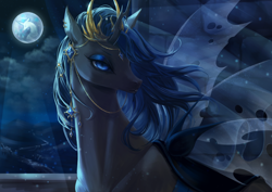 Size: 3508x2480 | Tagged: safe, artist:catofrage, oc, oc only, oc:queen lahmia, changeling, changeling queen, blue changeling, changeling queen oc, crown, female, high res, jewelry, mare in the moon, moon, regalia