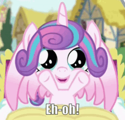Size: 474x456 | Tagged: safe, edit, edited screencap, screencap, princess flurry heart, alicorn, pony, a flurry of emotions, g4, animated, caption, cooing, cropped, cute, female, filly, flurrybetes, foal, gif, giggling, happy, hoofy-kicks, image macro, looking at you, loop, open mouth, pov, smiling, solo, spread wings, teletubbies, text, waving, waving hooves, wings