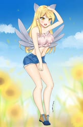 Size: 721x1109 | Tagged: safe, artist:athan-arion, derpy hooves, human, g4, anime style, bare shoulders, belly button, cute, denim shorts, derpabetes, eared humanization, female, flower, humanized, midriff, tube top, winged humanization, wings
