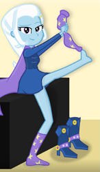 Size: 649x1112 | Tagged: safe, artist:grapefruitface1, trixie, equestria girls, g4, clothes, desk, feet, female, half barefoot, shoes removed, show accurate, sitting, sock removal, socks, solo