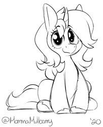 Size: 1315x1619 | Tagged: safe, artist:mulberrytarthorse, oc, oc only, oc:cinderheart, pony, black and white, cute, female, gift art, grayscale, mare, monochrome, sitting, sketch, smiling