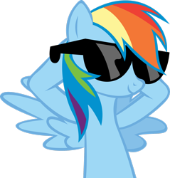 Size: 2392x2507 | Tagged: safe, artist:rainbowcrab, rainbow dash, pegasus, pony, g4, lesson zero, season 2, bust, chillaxing, cool, female, high res, hooves behind head, mare, relaxing, simple background, smiling, solo, sunglasses, transparent background, vector, wings