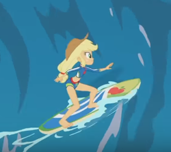 Size: 399x356 | Tagged: safe, screencap, applejack, blue crushed, equestria girls, equestria girls series, g4, barefoot, clothes, cropped, feet, female, legs, solo, surfboard, surfing, swimsuit, wave