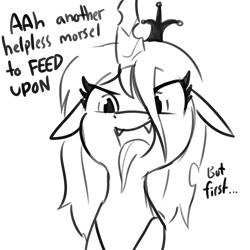 Size: 2250x2250 | Tagged: safe, artist:tjpones, part of a set, queen chrysalis, changeling, changeling queen, g4, ..., dialogue, fangs, female, floppy ears, grayscale, high res, monochrome, simple background, white background