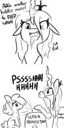 Size: 2250x4500 | Tagged: safe, artist:tjpones edits, edit, queen chrysalis, oc, changeling, changeling queen, earth pony, pony, g4, ..., changeling feeding, coronavirus, covid-19, dialogue, disinfectant spray, face mask, fangs, female, floppy ears, grayscale, mask, monochrome, onomatopoeia, simple background, surgical mask, white background
