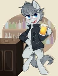 Size: 923x1200 | Tagged: safe, artist:higgly-chan, oc, oc only, pony, alcohol, bar, beer, bipedal, bipedal leaning, clothes, jacket, leaning, solo, sunglasses