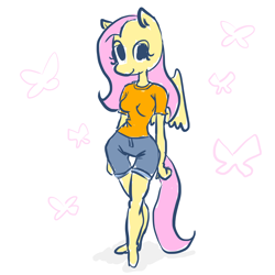 Size: 2200x2200 | Tagged: safe, artist:saltycube, fluttershy, pegasus, anthro, plantigrade anthro, g4, clothes, female, full body, high res, shirt, shorts, simple background, smiling, solo, t-shirt, thigh gap, white background, wide hips, wings