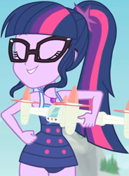 Size: 657x891 | Tagged: safe, screencap, sci-twi, twilight sparkle, equestria girls, equestria girls series, forgotten friendship, g4, clothes, cropped, cute, drone, eyes closed, female, geode of telekinesis, glasses, jewelry, legs, magical geodes, necklace, outdoors, ponytail, sci-twi swimsuit, sky, sleeveless, smiling, solo, swimsuit, tree, twiabetes