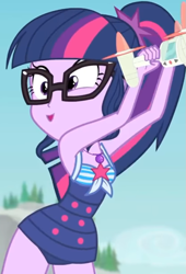 Size: 623x915 | Tagged: safe, screencap, sci-twi, twilight sparkle, equestria girls, equestria girls series, forgotten friendship, g4, clothes, cloud, cropped, cute, drone, female, geode of telekinesis, glasses, jewelry, legs, magical geodes, necklace, outdoors, ponytail, sci-twi swimsuit, sky, sleeveless, smiling, solo, swimsuit, tree, twiabetes, wide hips