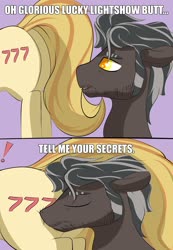 Size: 1416x2048 | Tagged: safe, artist:wilshirewolf45, oc, oc only, oc:lucky lightshow, crystal pony, butt, caption, dialogue, exclamation point, eyes closed, image macro, intersex, male, plot, stallion, tell me your secrets, text