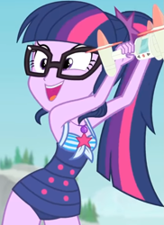 Size: 645x886 | Tagged: safe, screencap, sci-twi, twilight sparkle, equestria girls, equestria girls specials, g4, my little pony equestria girls: better together, my little pony equestria girls: forgotten friendship, clothes, cloud, cropped, cute, drone, female, geode of telekinesis, glasses, jewelry, magical geodes, necklace, one-piece swimsuit, outdoors, ponytail, sci-twi swimsuit, selfie drone, sky, sleeveless, smiling, solo, swimsuit, tree, twiabetes